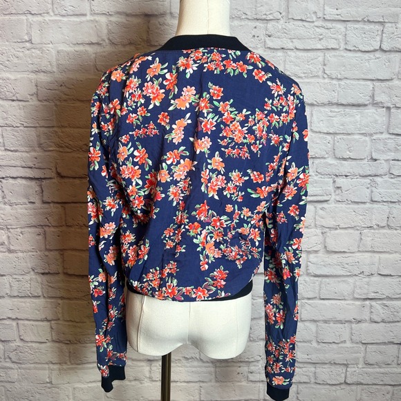 Express Women's M Navy Floral Zip Front Bomber Jacket Chic Retro Floralcore - Picture 3 of 6